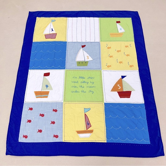 Handmade Sailboats Embroidery Baby/Toddler Cotton Crib Quilt Hand stitched - Picture 1 of 3